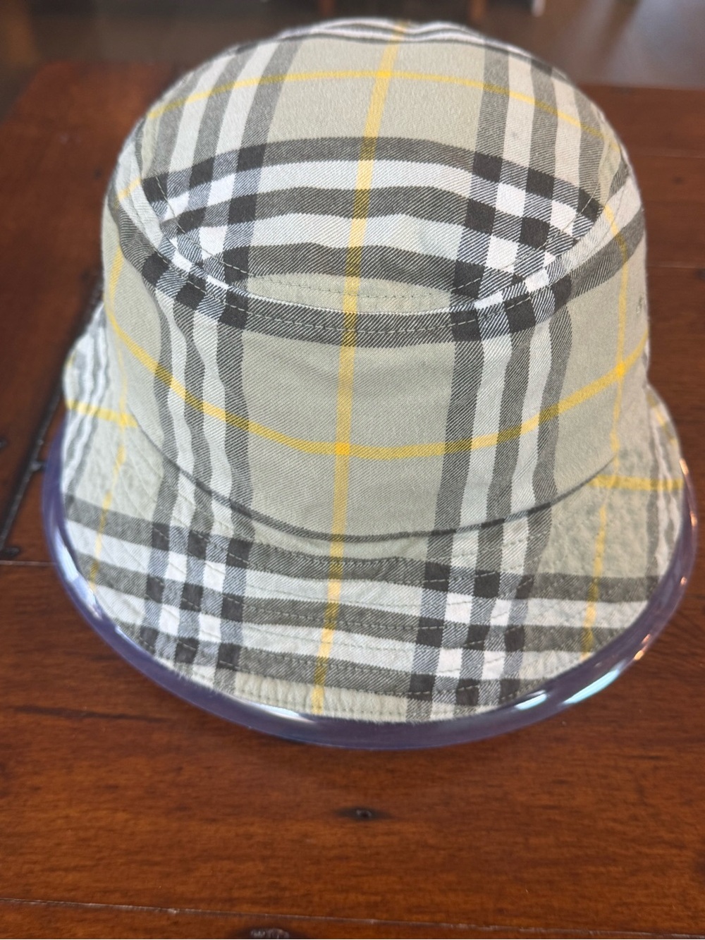 Burberry Beige Plaid Bucket Hat with Yellow and Black Accents